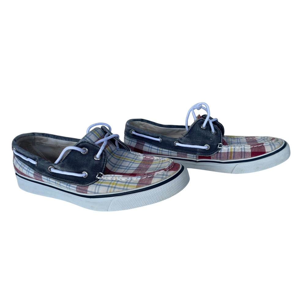 Sperry Top-Sider Boat Shoes Womens 9.5 Red Blue Plaid Canvas Good  Nautical
